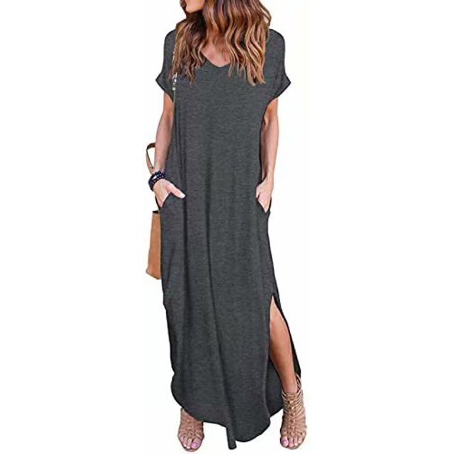Robe Maxi d'Été pour Femmes Décontractée Ample avec Poches Longue Robe Manches Courtes Fendue Vert Armée Gris Foncé m