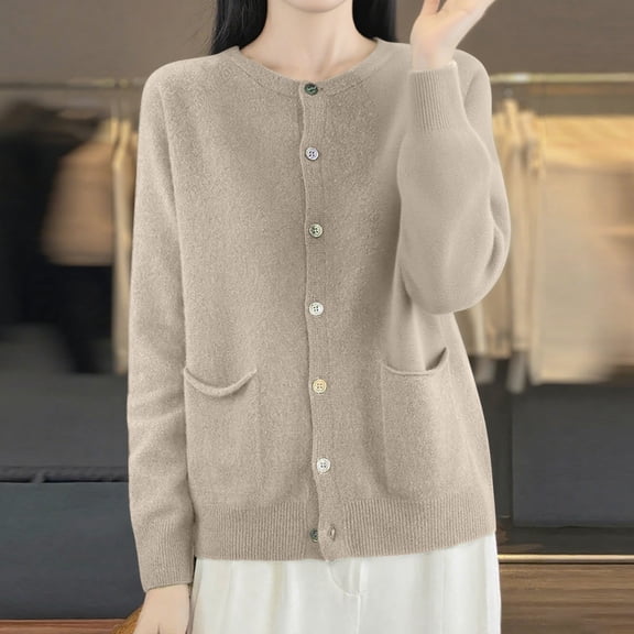 ZHOGXU Women's Cardigan With Pocket Long Sleeve Open Front Buttons Solid Color Knit Comfortable Slim Fit Coat Jacket For Casual Daily Wear Khaki M