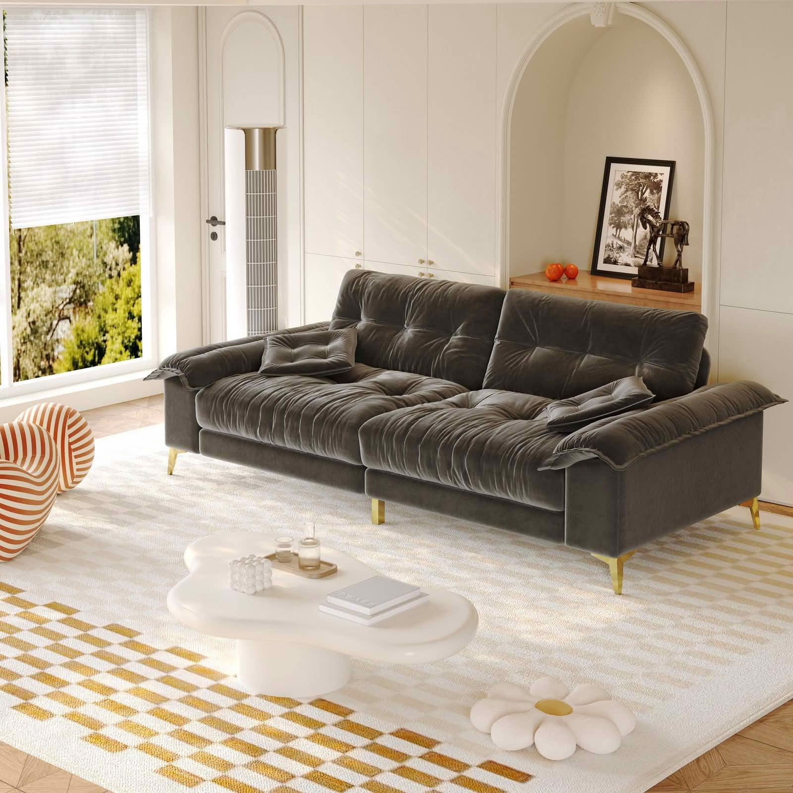 MAYEERTY 104.7" 4‑Seater Cloud Sofa, Tufted Chenille Couch with Wide Flip Armrests, Metal Legs, 2 Pillows Included for Multi‑Scene Use