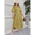 thumbnail image 4 of LA LEELA Women's Summer Batik Caftan Long Loungewear Dashiki House Dress with Pockets Sleepwear for Women Nightgown 1X-2X Gold, Leaves, 4 of 5