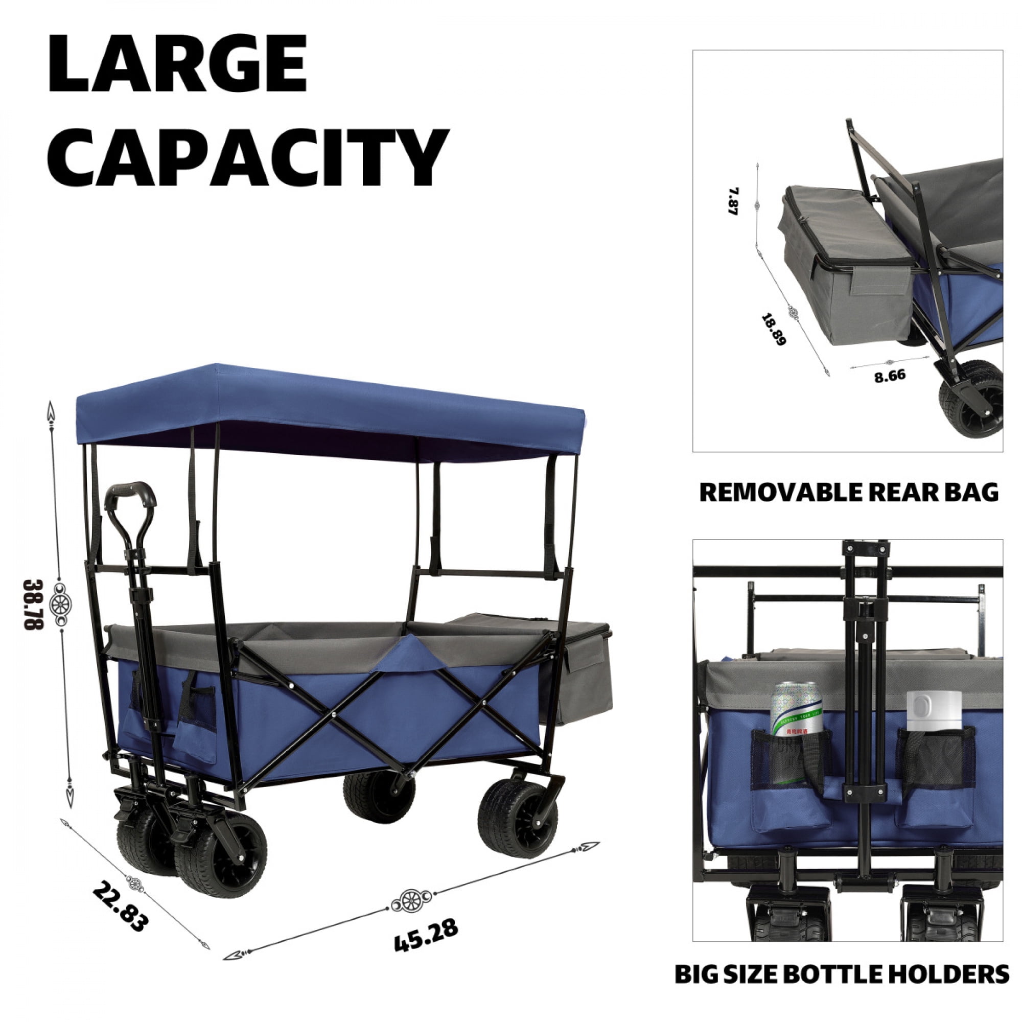 480Lbs Collapsible Wagon with Canopy, Wagon Stroller with 7" All-Terrain Wheels, Lightweight Foldable Large Capacity Wagon with Mosquito Net,Camping, Shopping, Sports & Garden Use,Dark Blue