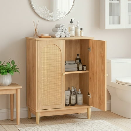 Ktaxon Bathroom Floor Cabinet Storage with 2 Doors and Adjustable Shelves, Rattan Finish