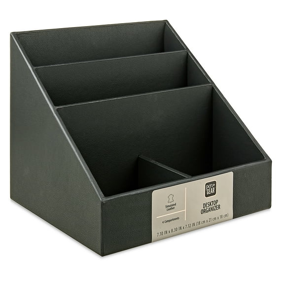 Pen+Gear Simulated Leather Desktop Organizer, 4 Compartments, Rich Black