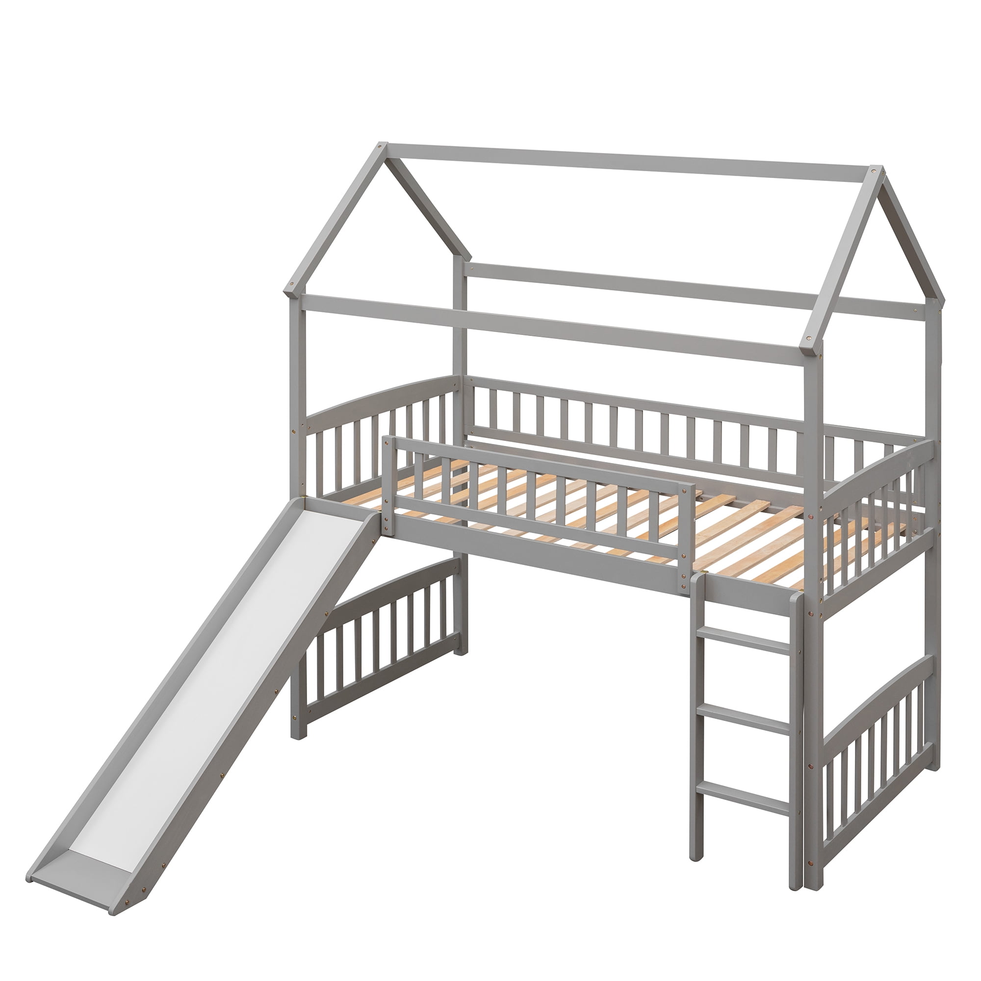 Aukfa Twin Loft Bed with Slide, House Bed with Headboard for Kids Teens Adults - Gray