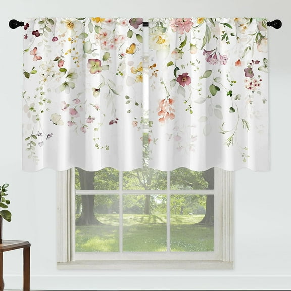Flower Leaves Curtains 27 Inches Wide 24 Inches Length 2 Panels Watercolour Yellow Floral Rod Pocket Window Curtain Plant Printed Curtains for Kitchen Bathroom