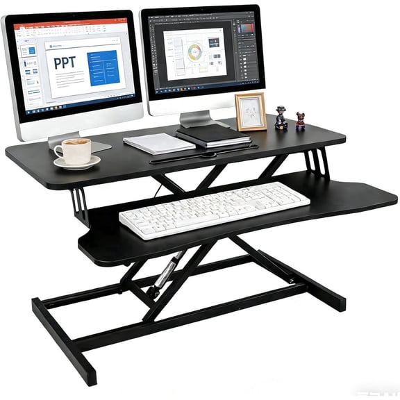 Standing Desk Converter Pneumatic Height Adjustable Sit to Stand Wide Keyboard Tray Dual Monitor Laptop Workstation ,80*40cm, black