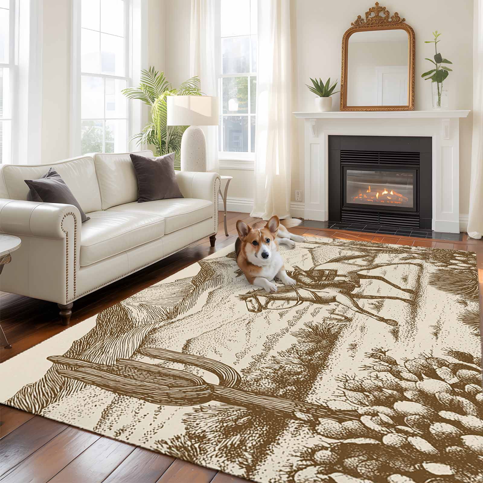 Large Area Rugs for Living Room Bedroom, Beige Western Farmhouse 5'x8' Rug Washable Carpet Runner Indoor Outdoor, Vintage Cowboys Cactus Non Slip Floor Mats Rug for Kitchen, Bathroom