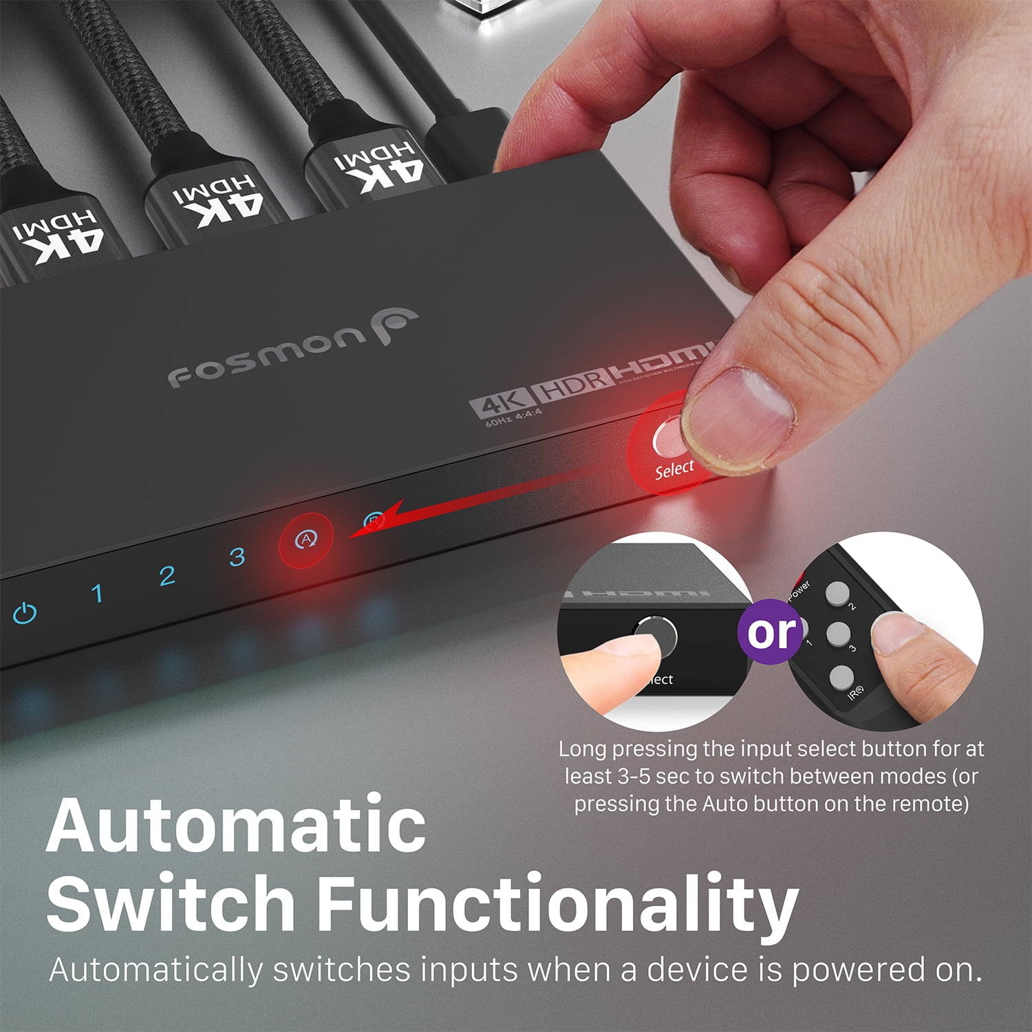 Fosmon 3-Port 4K HDMI Switch with Remote Control, 3 In 1 Out HDMI 2.0 Switcher Box (4K@60Hz, UHD, HDR, HDCP 2.2) for PS5 Xbox Nintendo Switch