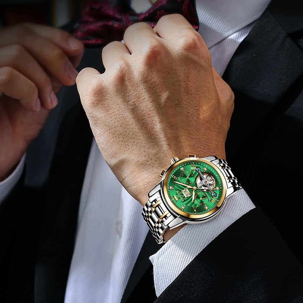 OLEVS Watch for Men Automatic Skeleton Tourbillon Mechanical Self Winding Business Luxury Dual Calendar Stainless Steel Luminous Waterproof Man Wrist Watches Green Dial