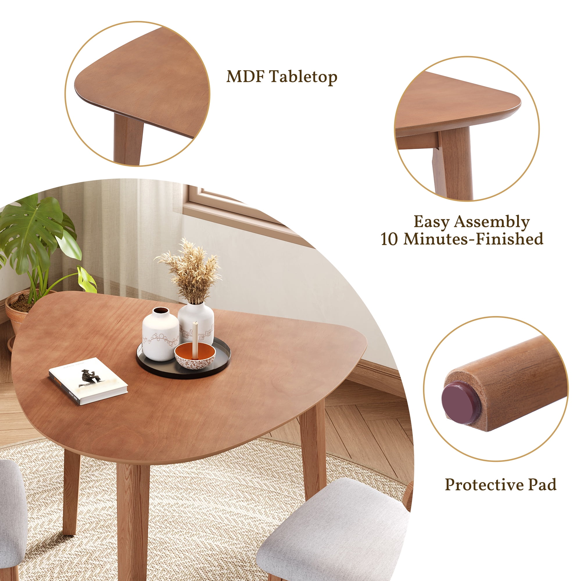 GARITIN 3-Piece Modern Table Set, Triangular Side Table & 2 Curved Wood Chairs, Minimalist Space-Saving Dining Set for Living Room Kitchen Small Space, Light Brown