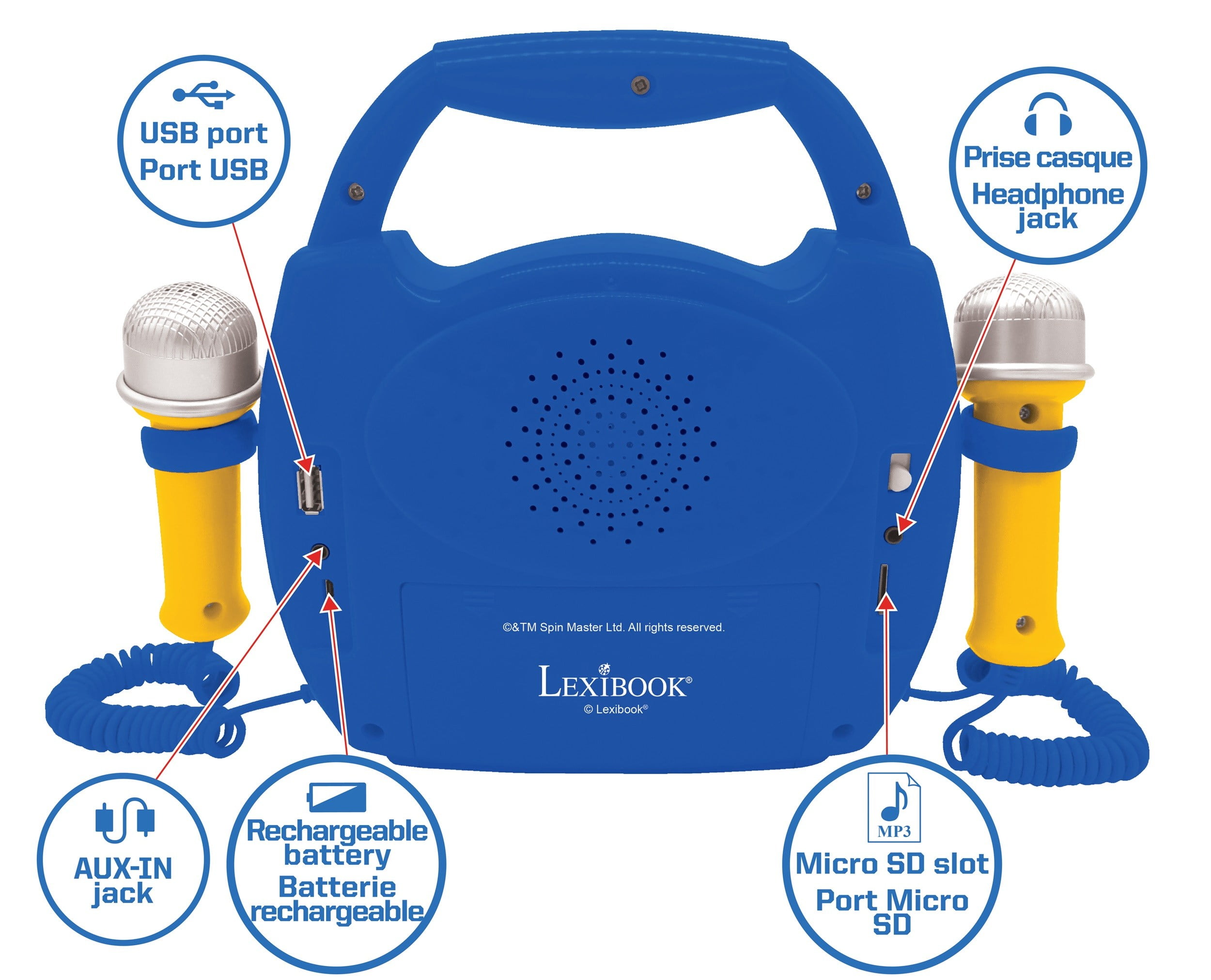 Lexibook Paw Patrol, Portable Karaoke digital player for kids – Microphones, Light effects, Bluetooth, Record and voice changer functions, Rechargeable battery, Blue/red