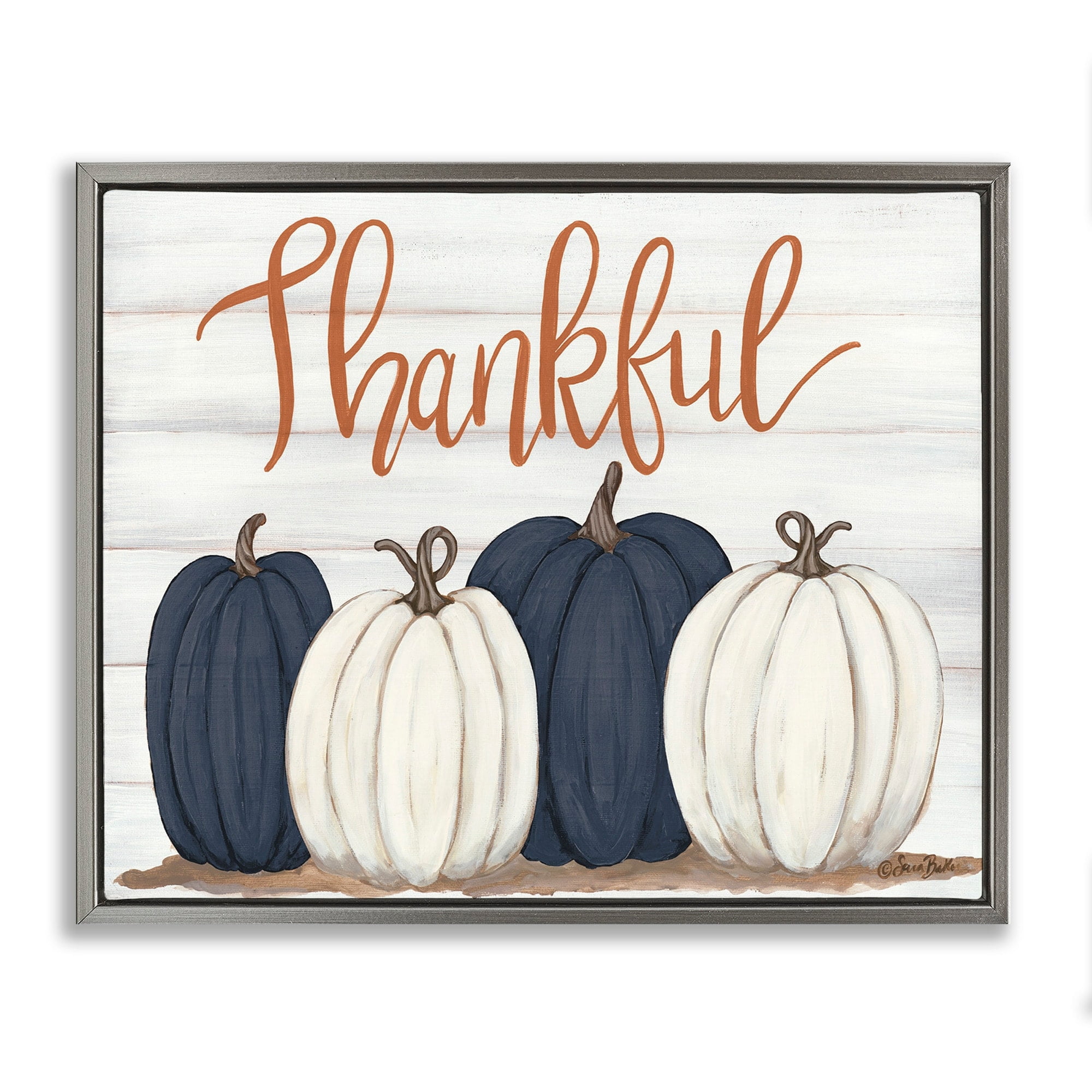 Stupell Industries Autumn Farm Pumpkin Harvest with Thankful Phrase Luster Gray Framed Floating Canvas Wall Art, 24x30, by Sarah Baker