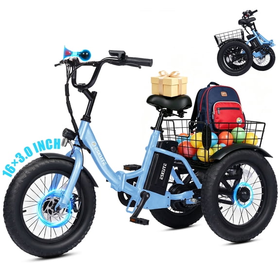 ESKUTE T300M Electric Tricycle for Beginners, Folding 3-Wheel E-Bike with 500W Peak Motor, 302Wh Battery, 12.5 MPH , 16" x 3.0 Fat Tires, Step-Thru, Blue, UL2849
