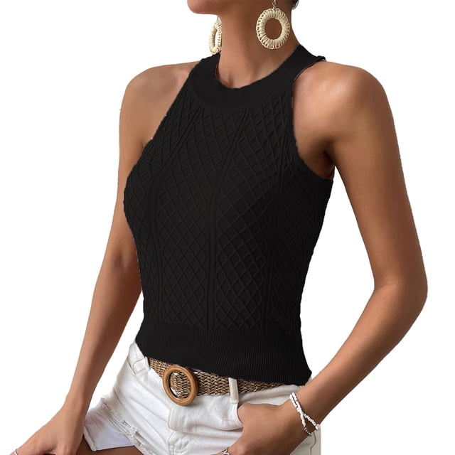 Camiseta sin mangas con cuello halter para mujer para verano Cable Knit Casual Slim Fit Camisa sin mangas de color puro Negro L