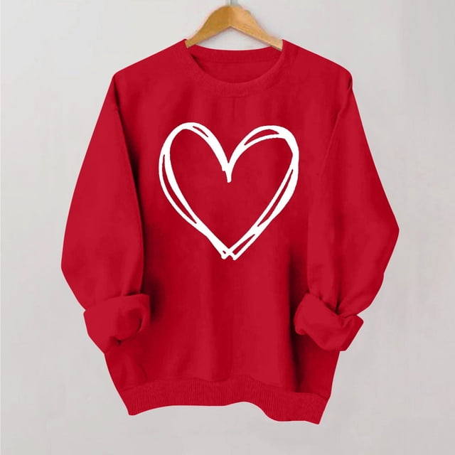 Styesk Chemises à Manches Longues pour Femmes Imprimé Cœur Hauts Confortables Doux Col Rond T-Shirts Chandail Mode Léger Chandail en Molleton Graphique de la Saint-Valentin Hauts Décontractés