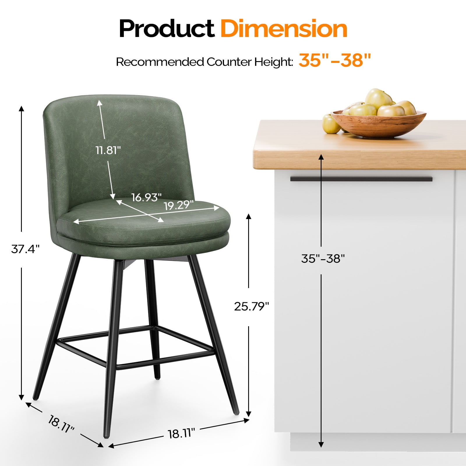 Zimtown Modern Barstools Set of 2, 26" Counter Height Swivel Bar Stools Set with Cushion for Kitchen Island, Dining Room, Bar Chairs, Dark Green