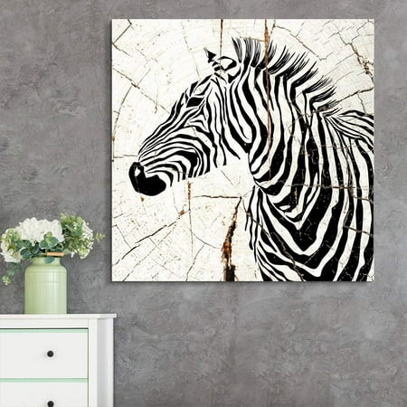 wall26 - Square Canvas Wall Art - Zebra Head Wood Effect Canvas - Giclee Print Gallery Wrap Modern Home Decor Ready to Hang - 12x12 inches