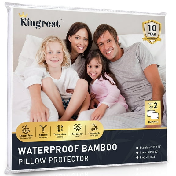 Kingrest Waterproof Pillow Protector with Zipper Standard Size, Cooling Bamboo Zippered Pillow Case Protector, Bed Bedbug Pillow Case Cover Prevent Dust Mites & Allergen (2 Packs, Standard 20"x26")