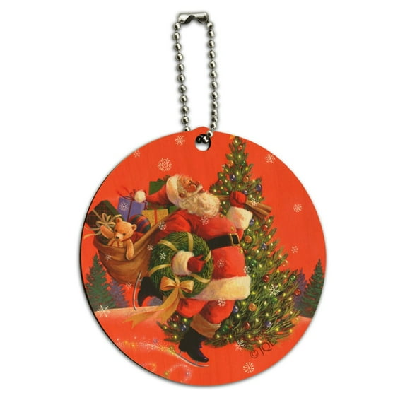 Christmas Holiday Santa Skating Toys Tree Round Wood Luggage Card Suitcase Carry-On ID Tag