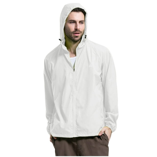 Men's Solid Color Packable Rain Jacket Lightweight Windproof Hooded Raincoat Outdoor Travel Hiking Cycling Coat