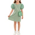 thumbnail image 3 of THDHVS Girls Summer Dress,Girls Textured Ribbed Knit Dress Puff Short Sleeve Round Neck Matching Crossbody Bag Summer Princess,Dresses for Girls 4-5 Years, 3 of 7