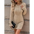 thumbnail image 3 of Women'S Cable Knit Sweater Dress Long Sleeve Knit Fall Winter Dresses Crewneck Mini Pencil Dresses Khaki M, 3 of 5