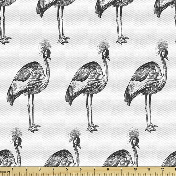Birds Fabric by the Yard Upholstery, Repetitive Monochrome and Sketchy Pattern of Crowned Cranes, Decorative Fabric for DIY and Home Accents, Charcoal Grey White by Ambesonne
