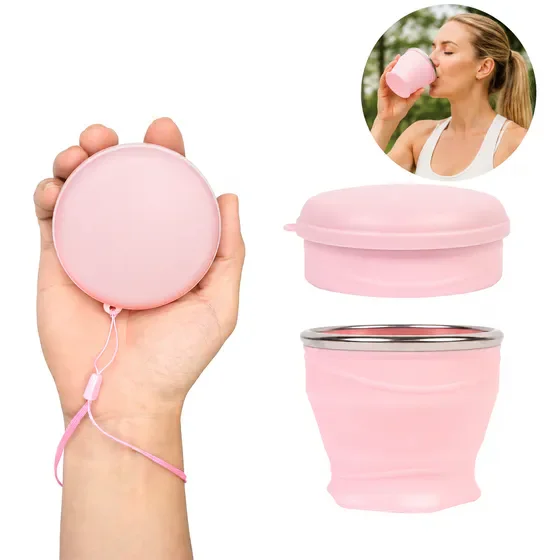 Collapsible Portable Travel Cup with Dust Cover and Carry Lanyard, Lightweight Reusable Foldable Drinking Cup for Outdoor Hiking Camping Hotel Business Road Trips