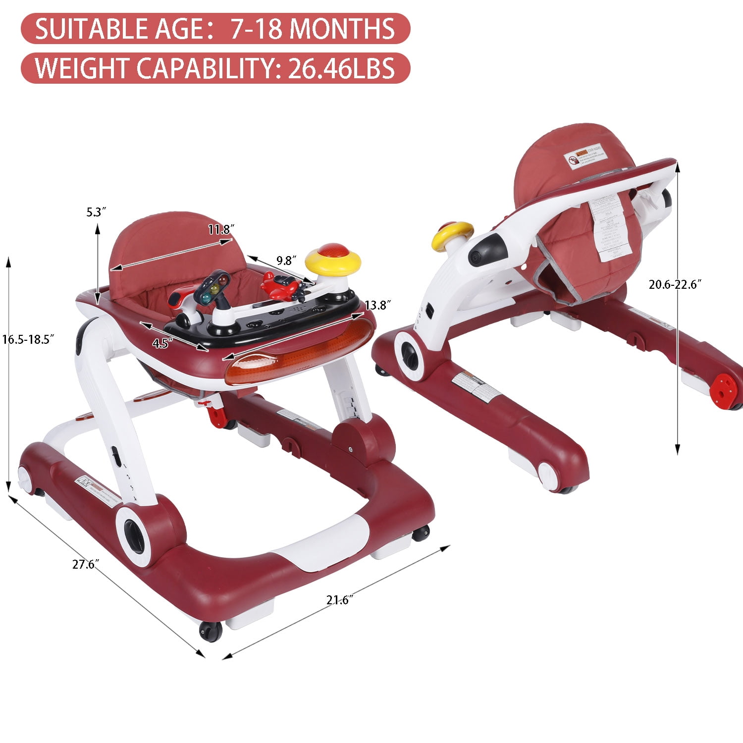 LINLUX Baby Walker w/ Music & Lights, Toddler Activity Walker w/ Seat, Red