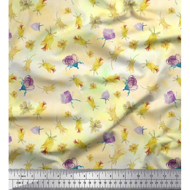 Soimoi Poly Georgette Fabric Flower & Leaves Watercolor Decor Fabric Printed Yard 52 Inch Wide