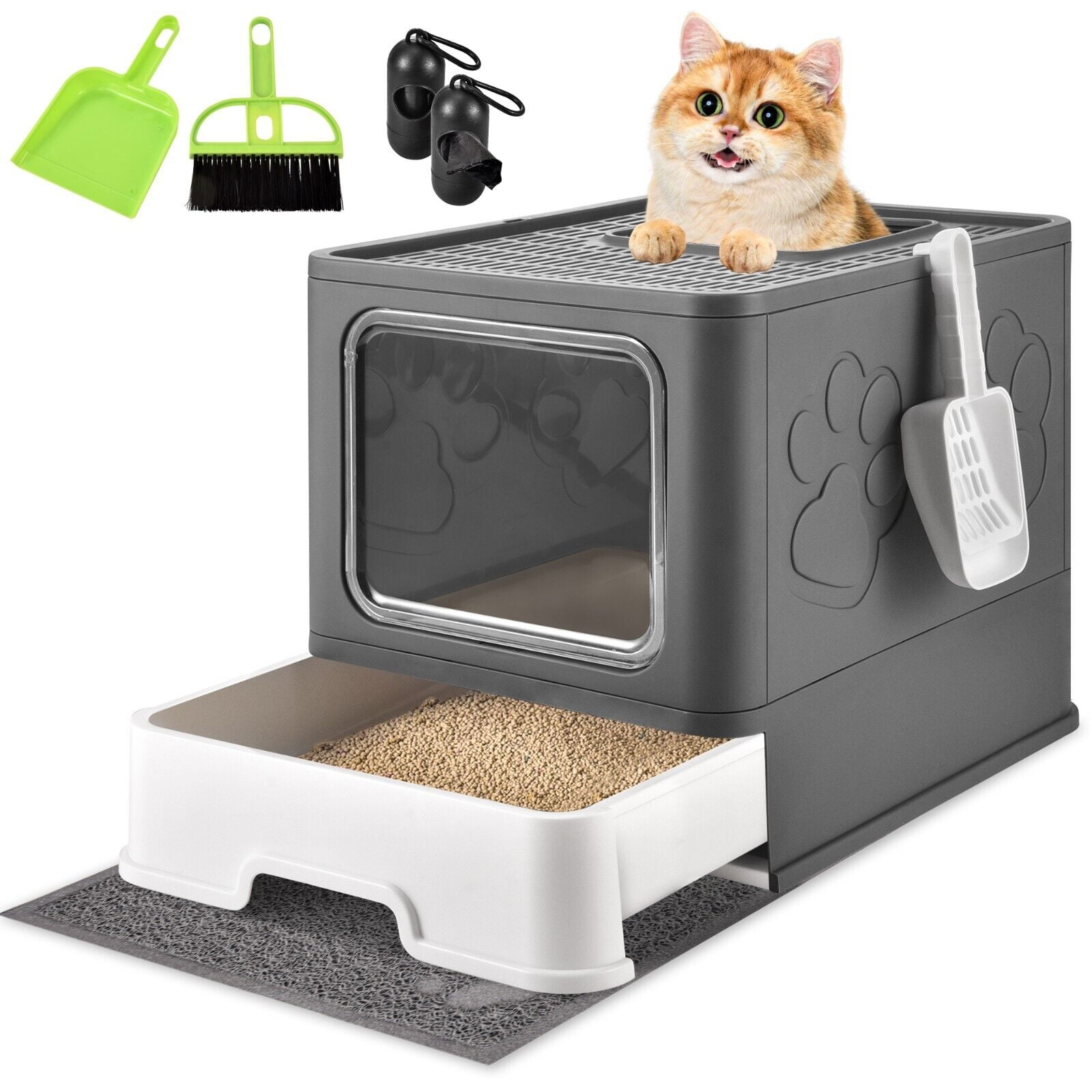 Cat Litter Box with Litter Mat and Scoop, Large Foldable Litter Box with Lids, Free in& Out Covered Kitty Litter Box, Odor Control Enclosed Litter Box, Anti- Splashing Easy Clean,Dark Purple
