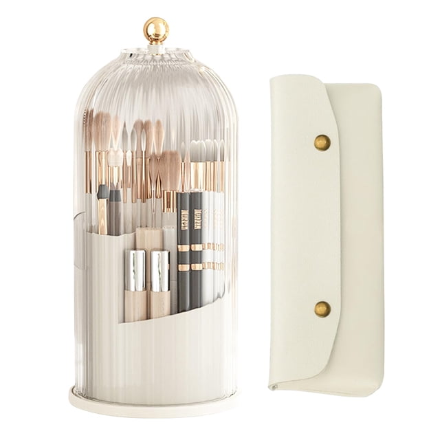 Porta Brochas de Maquillaje, Organizador de Maquillaje Giratorio 360°, Tapa Transparente con Bolsa de Cosméticos para Baño Encimera Cambiador Blanco