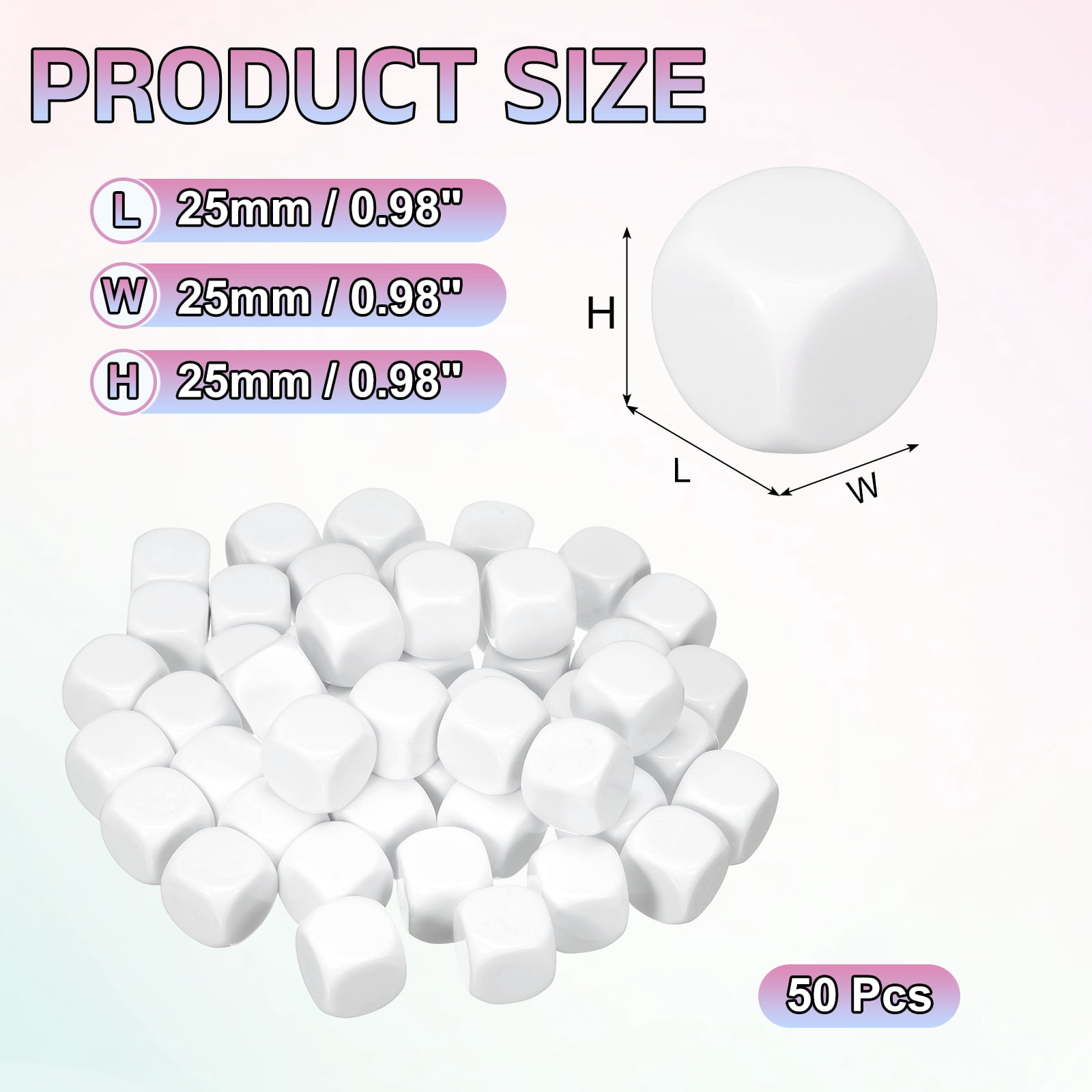 50Pack Acrylic Blank Dice, 25mm/0.98" Acrylic Rounded Corner Six Sided Blank White Dice Blocks with Smoothed Surface for Board Games Party Fun