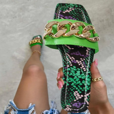 

uikmnh Slippers for Women Women s Shoes Flat Bottomed Open Toed Leopard Slippers Flat Bottomed Sandals Flat Bottomed Slippers Green 8.5