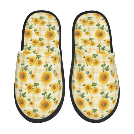 Balery Yellow White Plaid Sunflower Slient Indoor Furry Fleece Comfort House Shoes Soft Non-Slip Home Shoes Cotton slippers House Slippers-- Medium