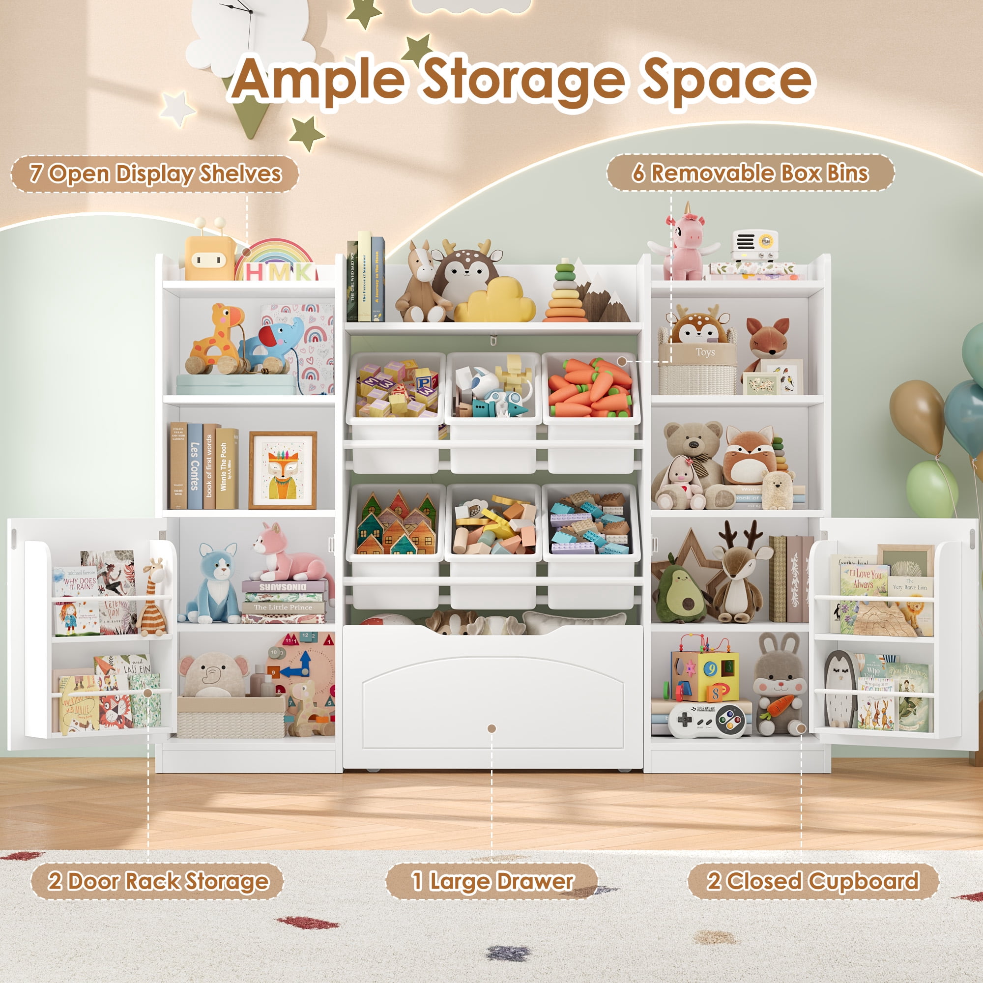 Hiphuta 55"Wide Toy Storage Organizer with Book Shelves Behind The Doors, Kids Bookcase Wood Toy Organizer of 6 Removable Boxes & 8 Storage Cubes, White