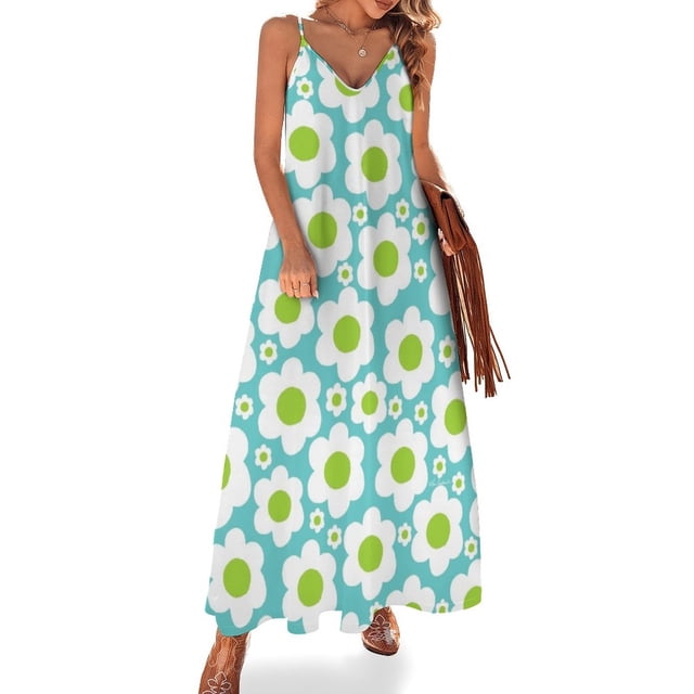Vestido sin mangas con flores pop de los años 60. Vestidos largos de playa. Vestidos de novia. Vestidos para ocasiones oficiales.