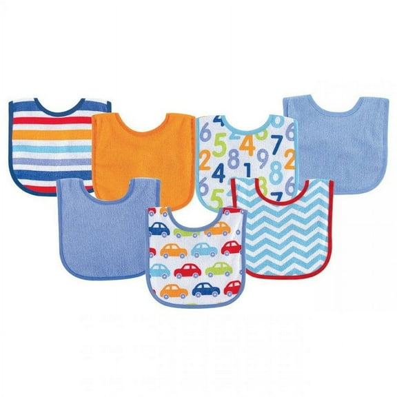 Luvable Friends Baby Boy Cotton Terry Drooler Bibs with PEVA Back 7pk, Blue Car, One Size