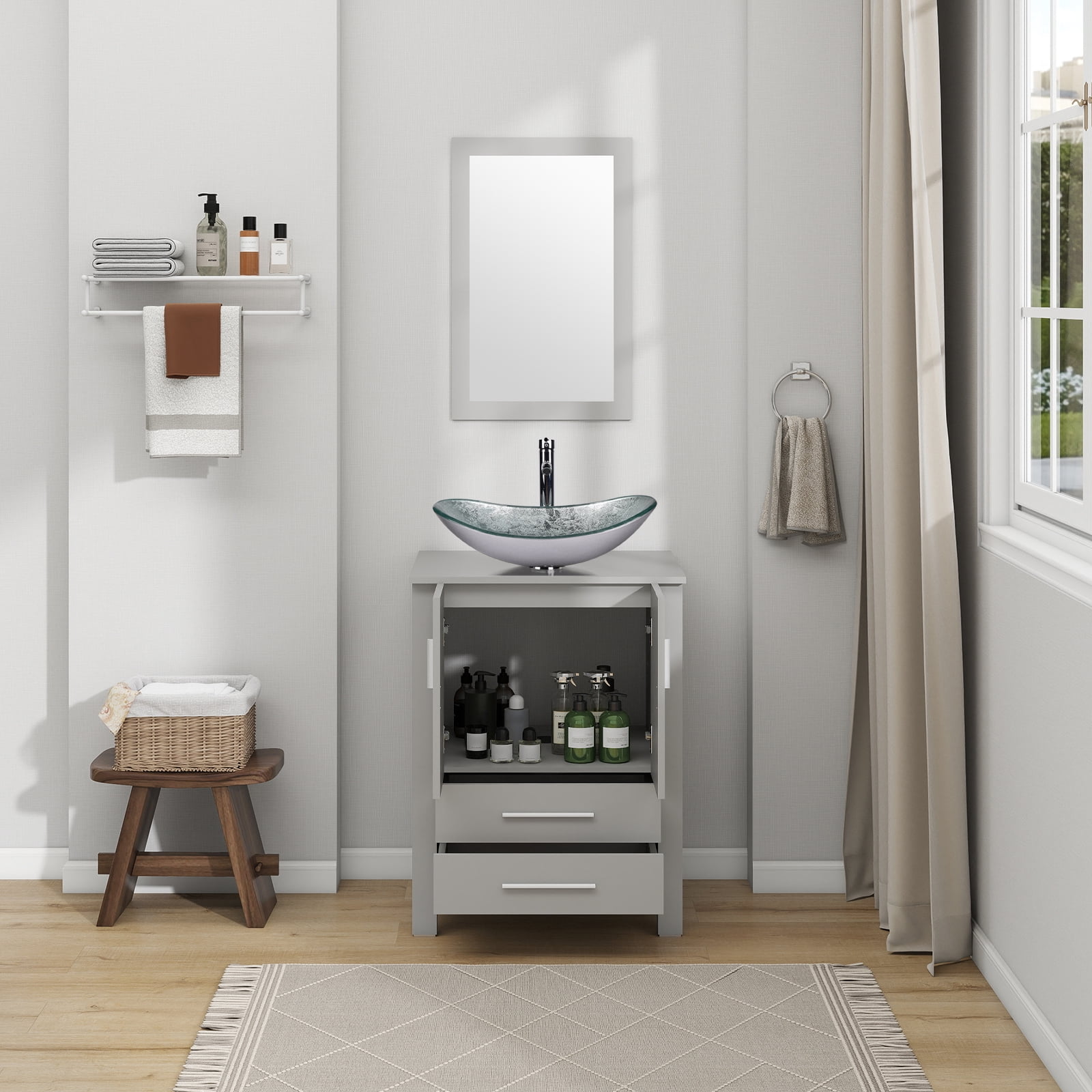 ELECWISH 24-Inch Bathroom Vanity in Gray with Mirror and Vessel Sink Set, Modern Stand Pedestal Cabinet with Silver Glass Sink Set
