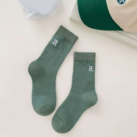 Ladies Embroidered Letter R Pattern Long Stockings Solid Candy Color Socks