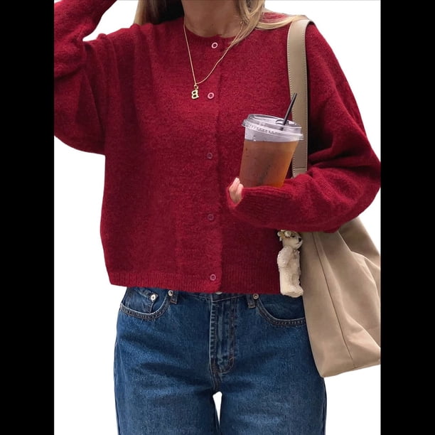 Cárdigan Corto de Punto para Mujer, Camiseta de Corta con Botones y Cuello Acanalado, Prenda Exterior Y2K. Vino Tinto L