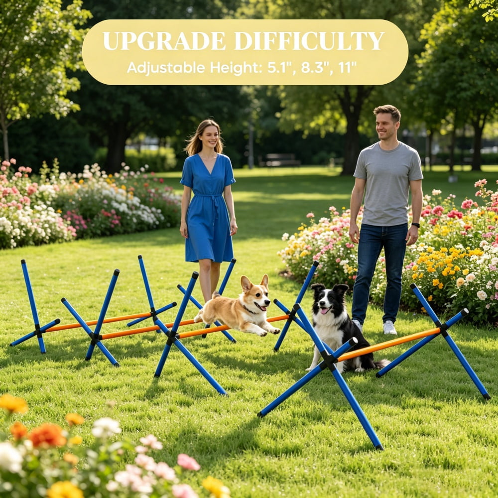 Dog Agility Training Set, 4 Jumps with 3 Adjustable Heights, Tool-Free Assembly, Oxford Carry Bag for All Skill Levels Dogs