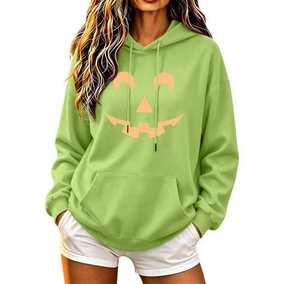 Enjoytime Hoodies for Women Pumpkin Graphic Long Sleeve Hooded Sweatshirt Drawstring Casual Pullover Hoodie with Pocket