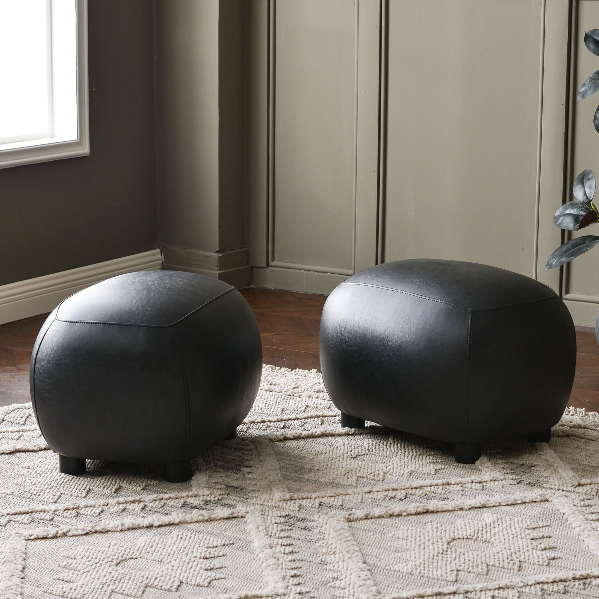 23" Wide Faux Leather Upholstered Ottoman Set of 2, Mid-Century Modern Living Room Footrest with Soft Padded Seat, Footstool for Bedroom, Entryway or Living Room, Black