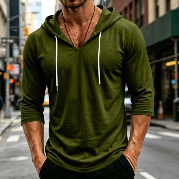 Men's V Neck 3/4 Sleeve Hoodie Shirts Loose Drawstring Lightweight Casual Summer Workout Beach Sweatshirt Army Green 3XL