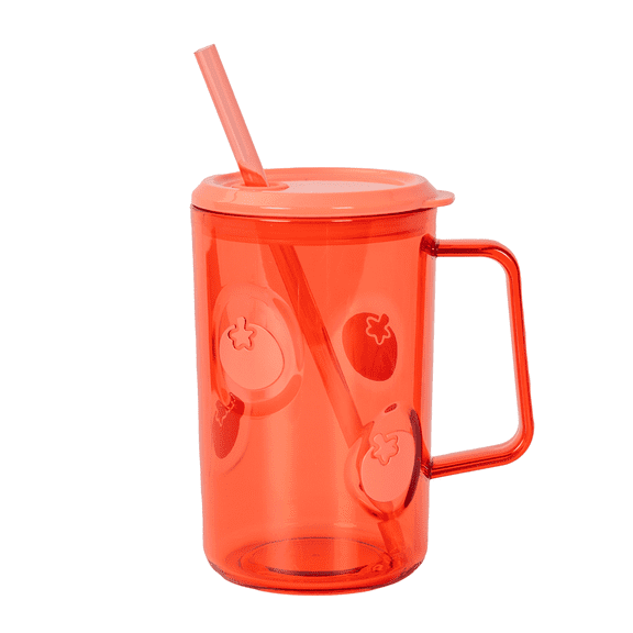 Mainstays 20oz Plastic Mug with Lid, Straw & Handle, Orange, Tomato
