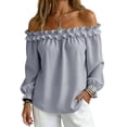 thumbnail image 5 of ClodeEU Women's Off Shoulder Long Sleeve Blouse, Casual Solid Color Top with Ruffled Trim Gray,Women's Plus L, 5 of 8