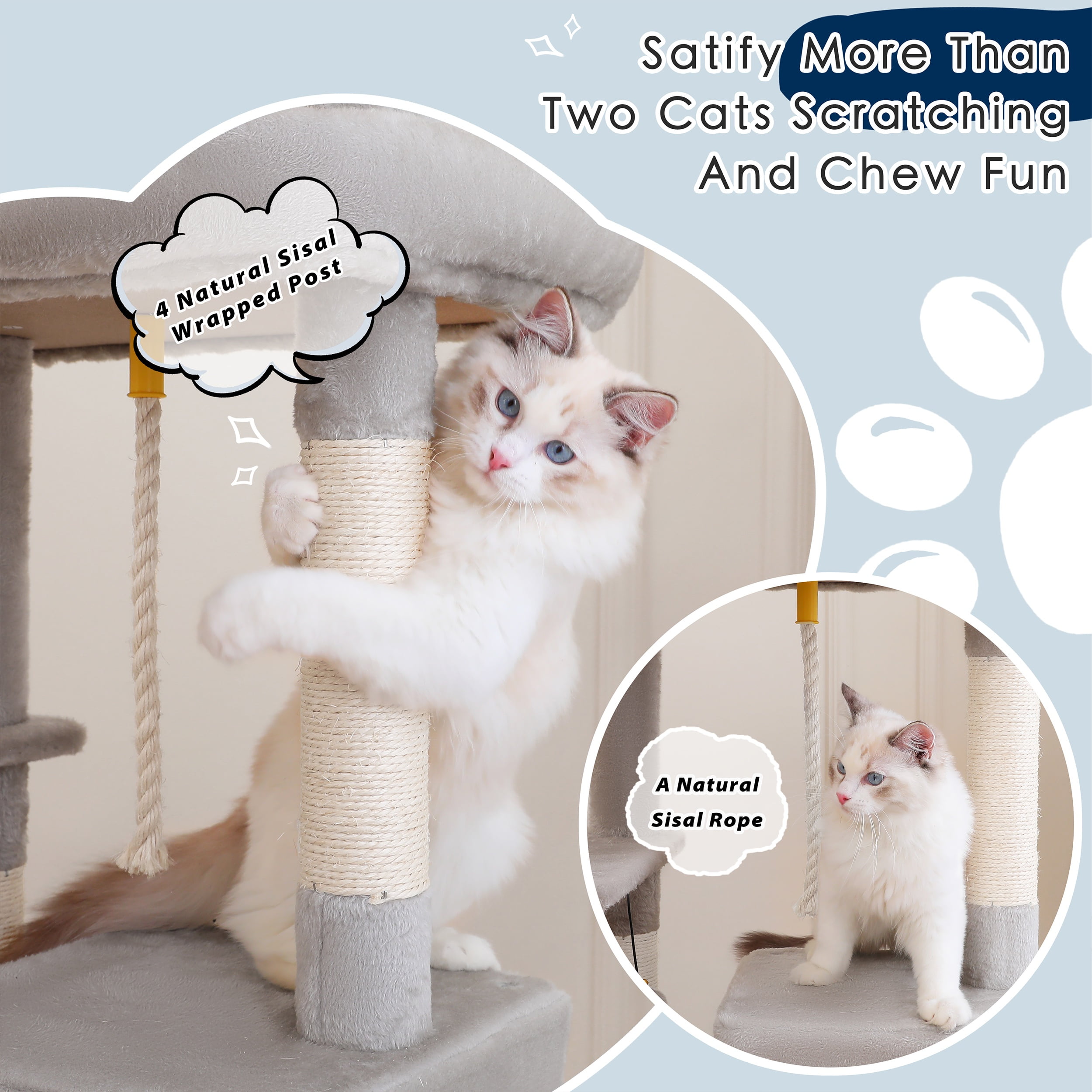 Vibrant Life 58.5 Inch Multi-Level Cat Tree Tower with Dangling Ball and Double Base, Light Gray