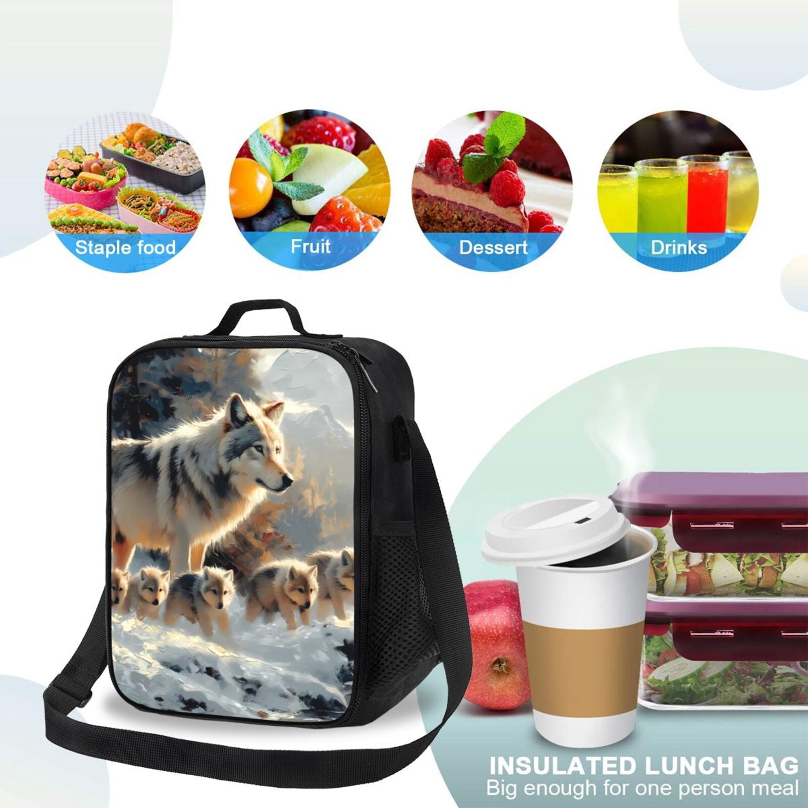 Defioc Wolf Family Winter Wonderland Print Lunch Box for Men & Women, Insulated Lunch Bag Thickened Thermal Leakproof Lunch Tote Bag for Adult Office Travel Picnic