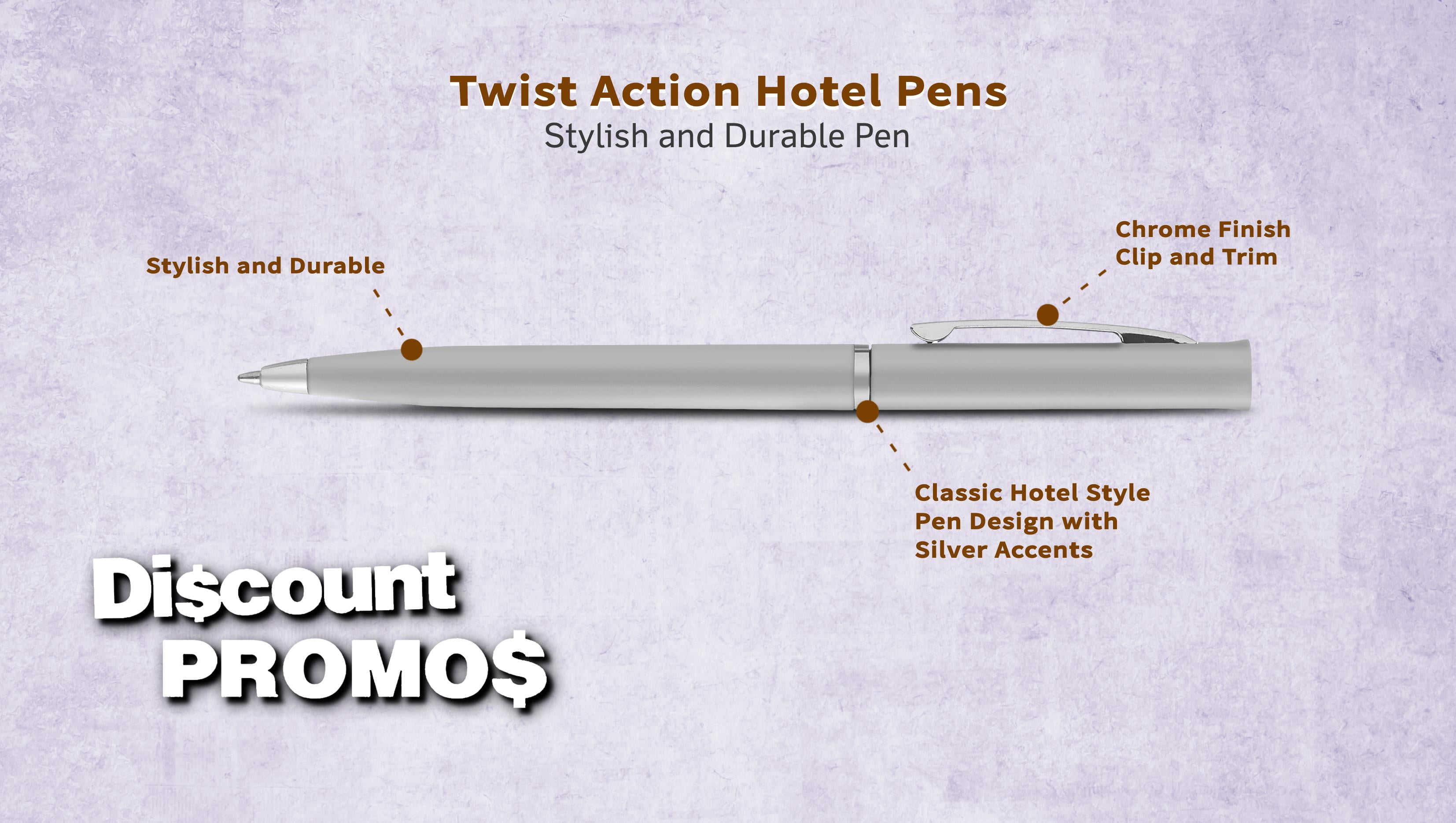 10 Twist Action Hotel Pens Pack - Plastic, Black Ink - Grey